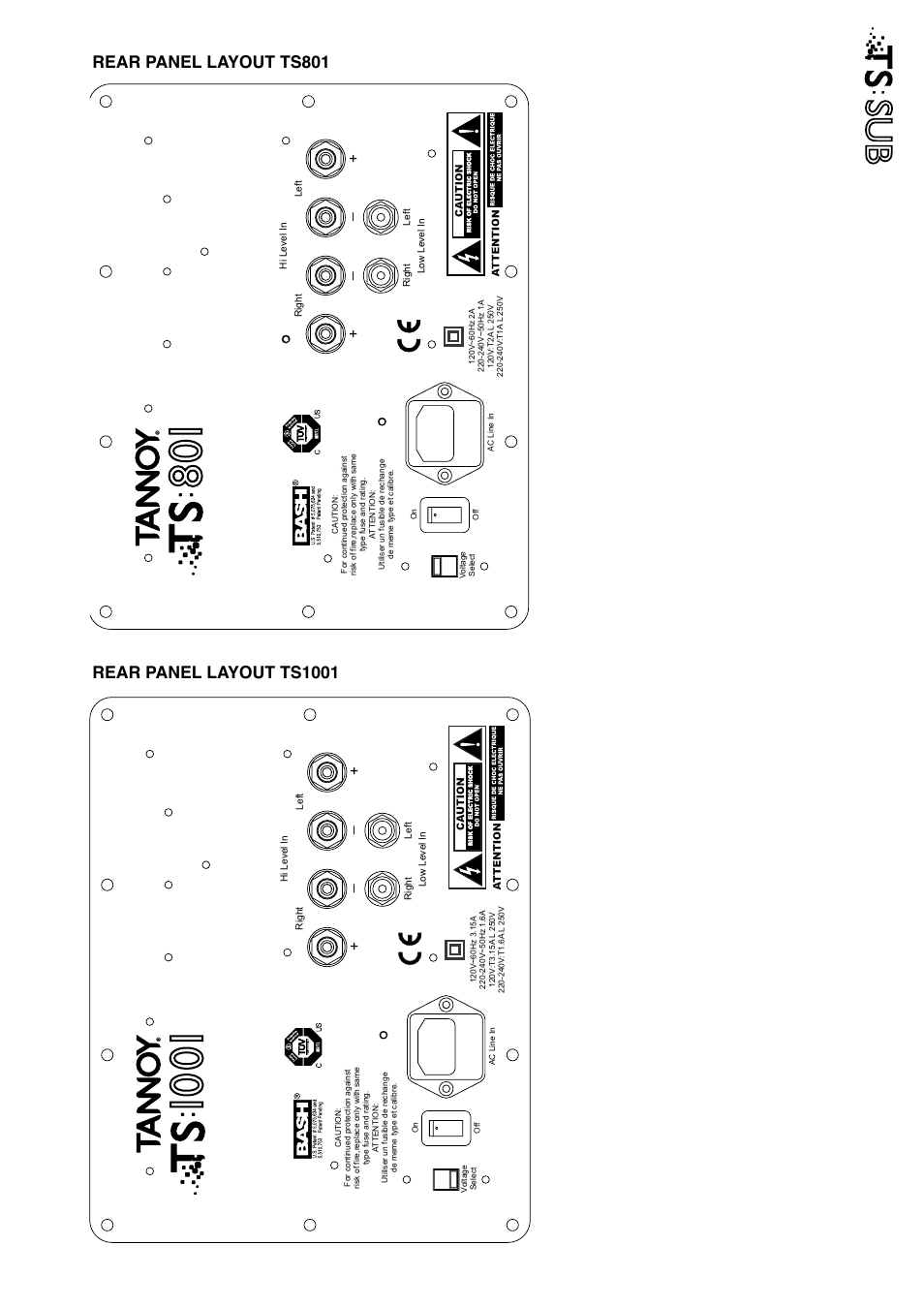 Rear panel layout ts801, Rear panel layout ts1001 | Tannoy Tanoy TS Sub User Manual | Page 7 / 12