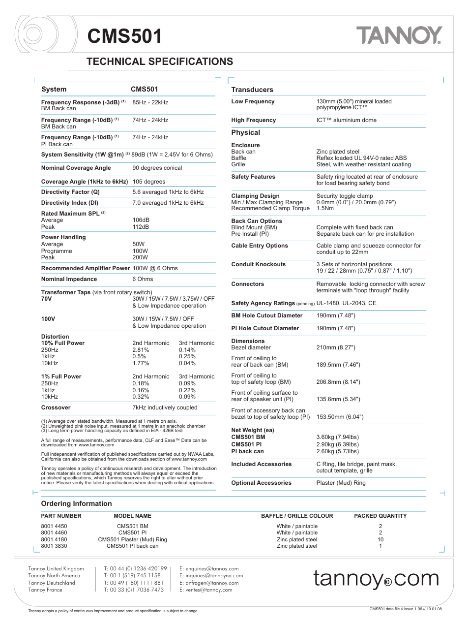 Cms501, Technical specifications | Tannoy CMS501 User Manual | Page 2 / 9
