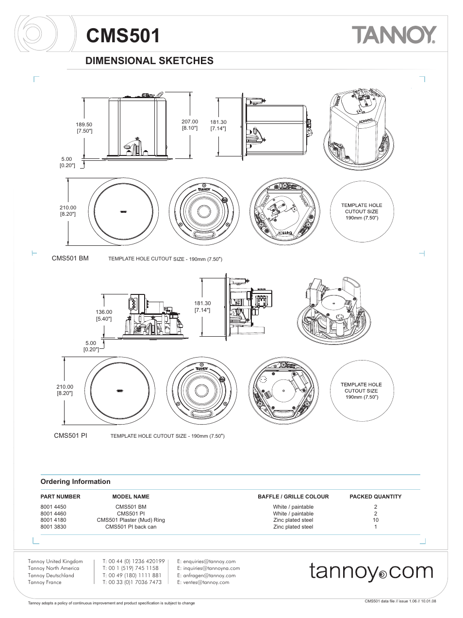 Cms501, Dimensional sketches | Tannoy CMS501 User Manual | Page 5 / 9