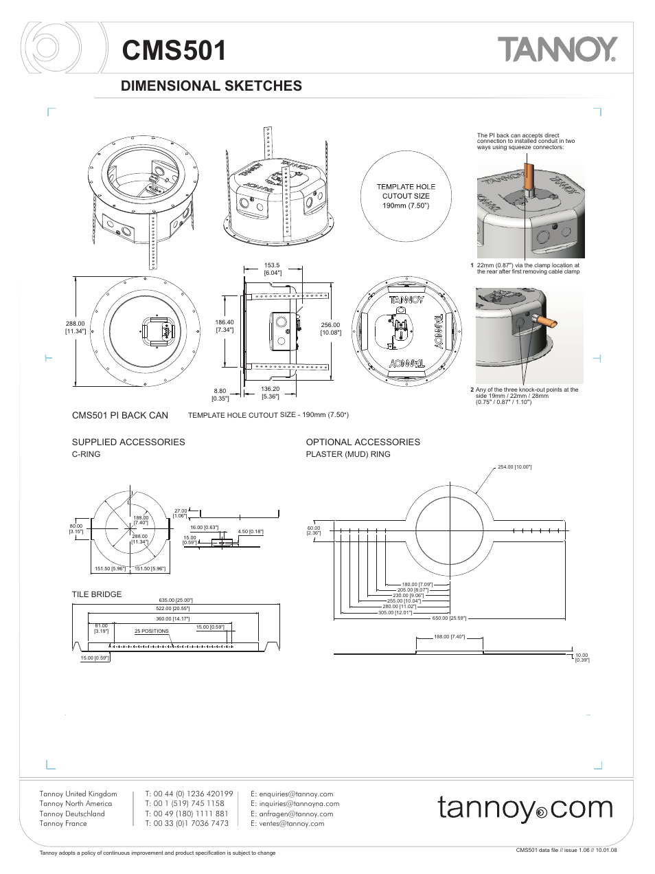Cms501, Dimensional sketches, Supplied accessories | Optional accessories, Cms501 pi back can | Tannoy CMS501 User Manual | Page 6 / 9