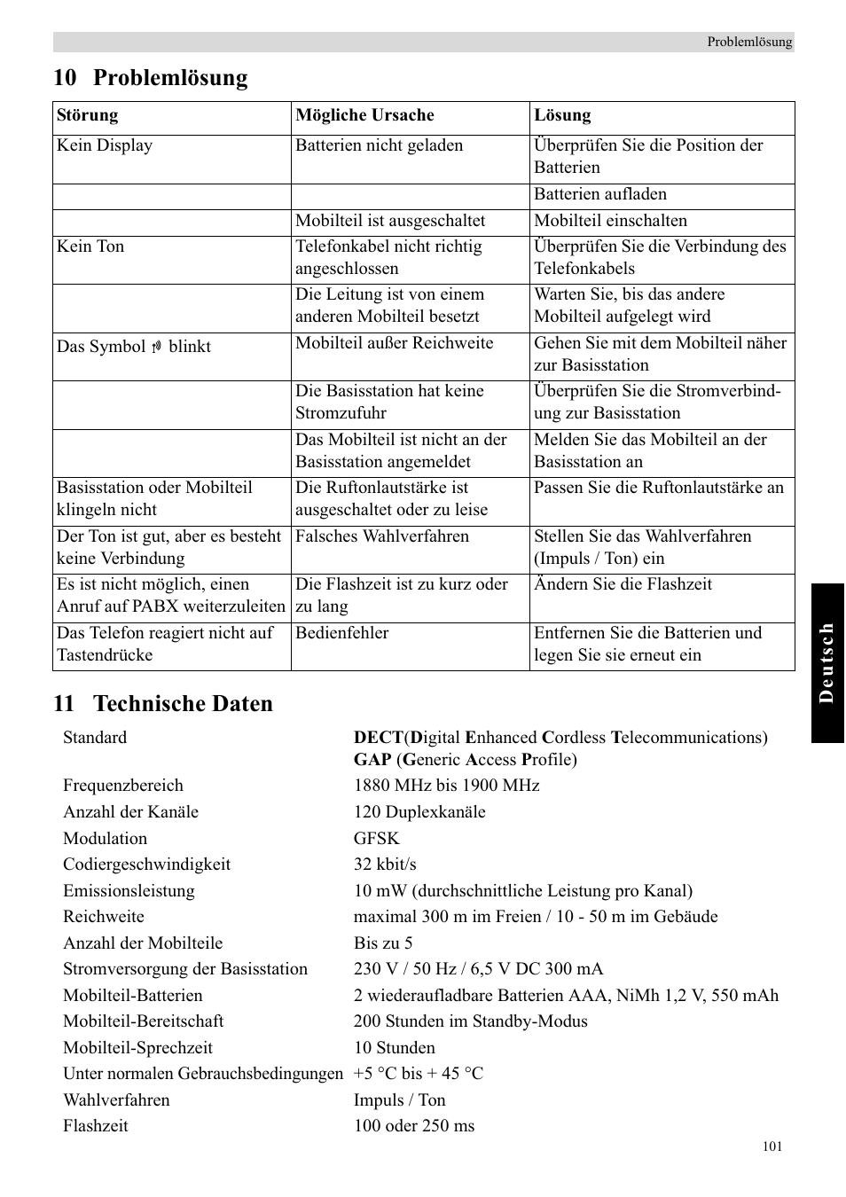 10 problemlösung 11 technische daten | Topcom BUTLER E450 User Manual | Page 101 / 104