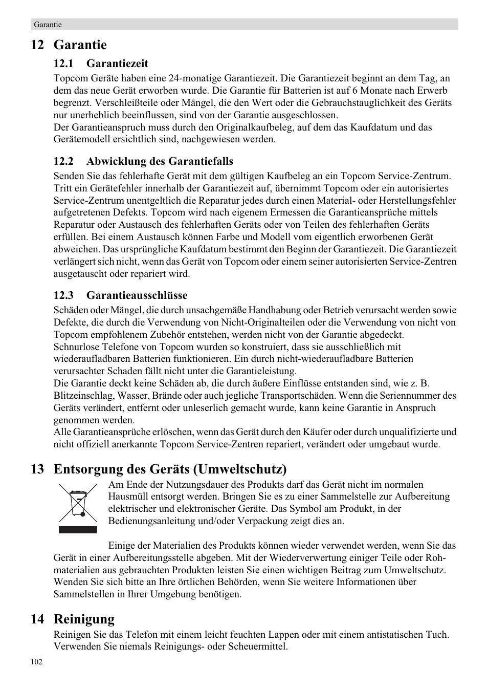12 garantie, 13 entsorgung des geräts (umweltschutz), 14 reinigung | Topcom BUTLER E450 User Manual | Page 102 / 104
