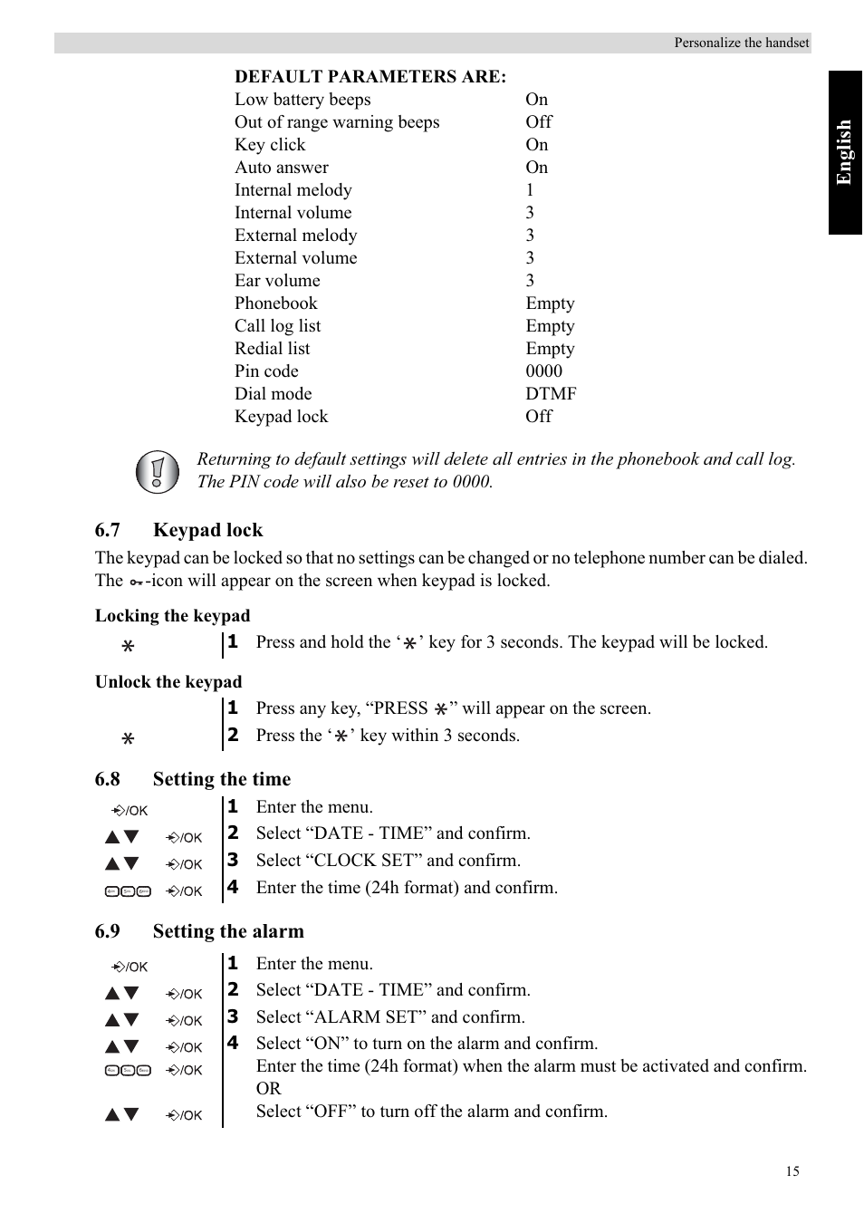 Eng lish, 7 keypad lock, 8 setting the time 6.9 setting the alarm | Topcom BUTLER E450 User Manual | Page 15 / 104