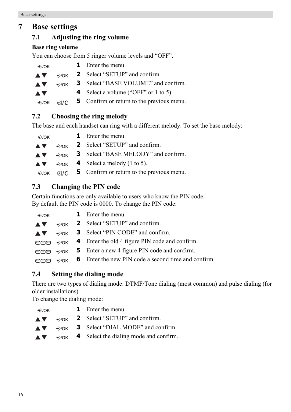 7base settings, 1 adjusting the ring volume, 2 choosing the ring melody | 3 changing the pin code, 4 setting the dialing mode | Topcom BUTLER E450 User Manual | Page 16 / 104