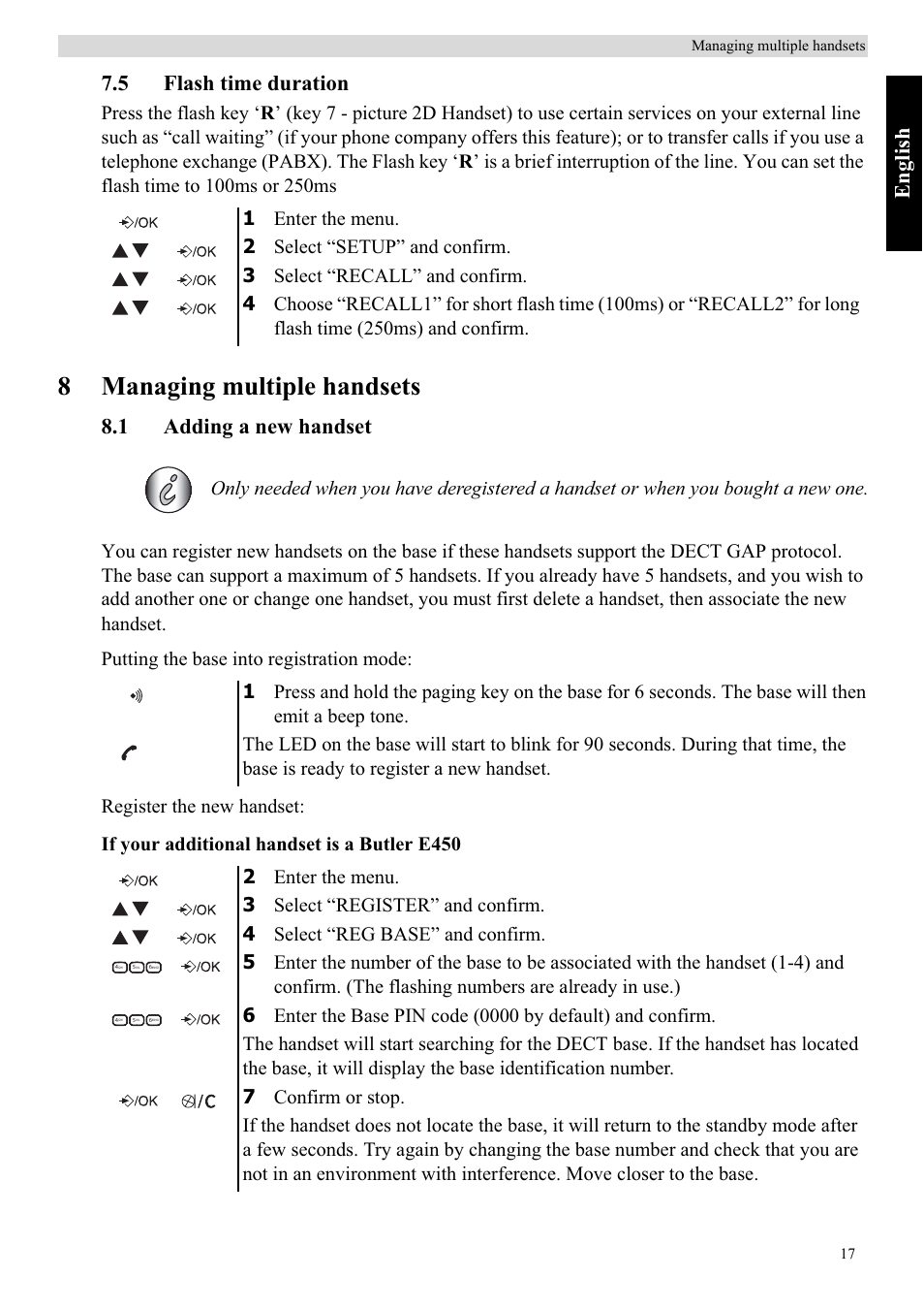 8managing multiple handsets, Eng lish, 5 flash time duration | 1 adding a new handset | Topcom BUTLER E450 User Manual | Page 17 / 104
