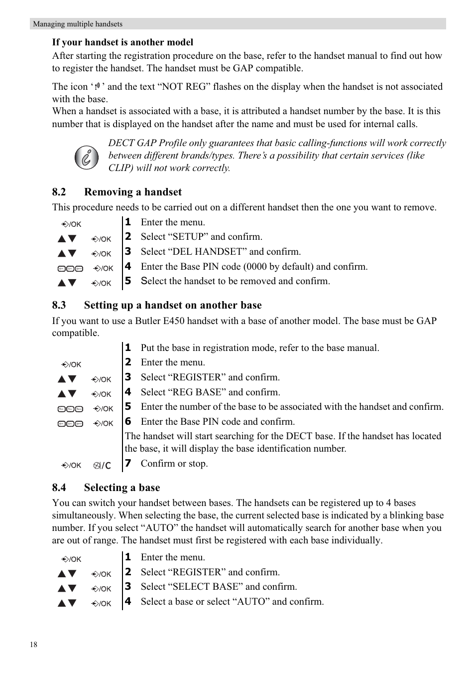 2 removing a handset, 3 setting up a handset on another base, 4 selecting a base | Topcom BUTLER E450 User Manual | Page 18 / 104
