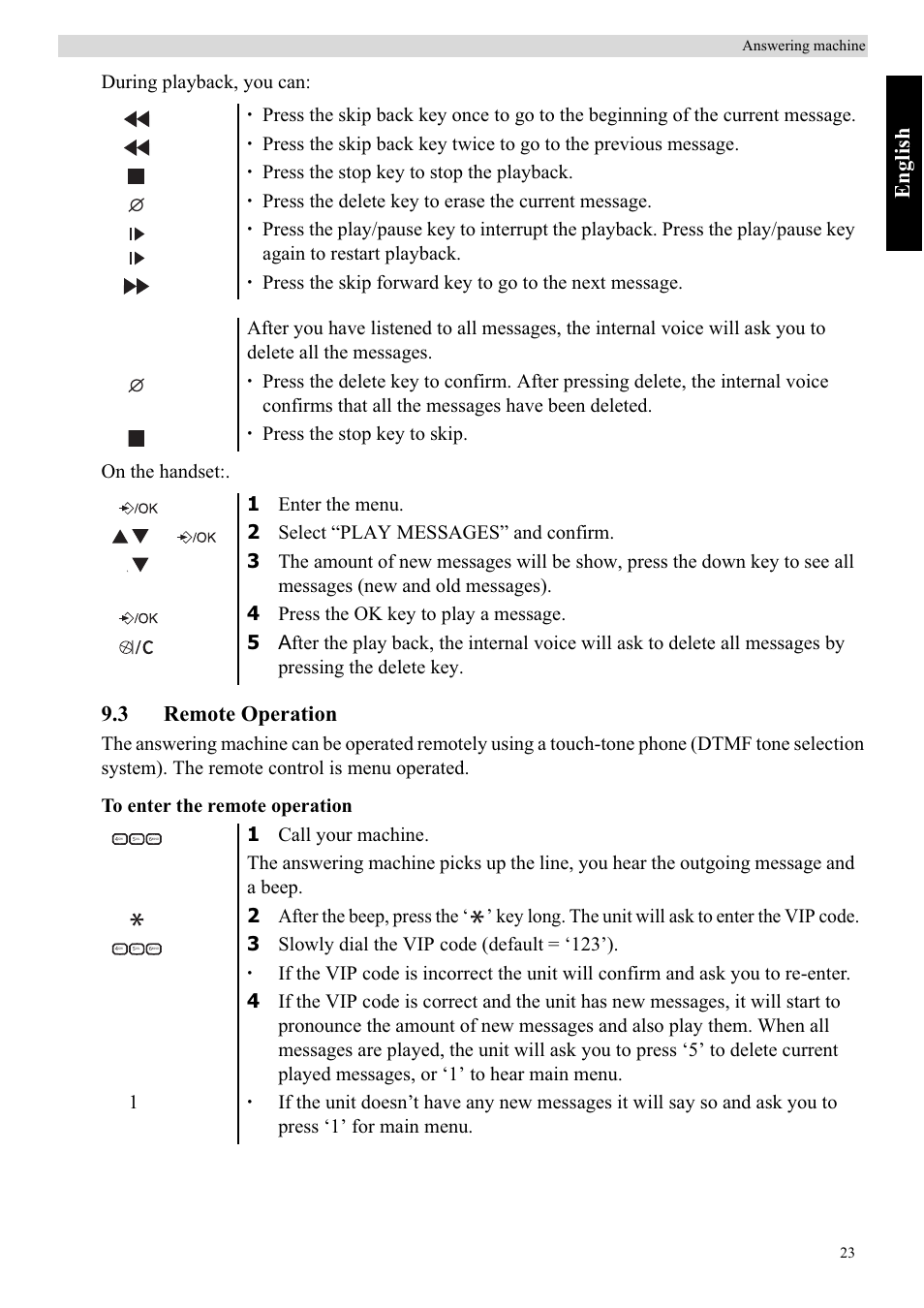 Eng lish, 3 remote operation, During playback, you can: on the handset | Topcom BUTLER E450 User Manual | Page 23 / 104