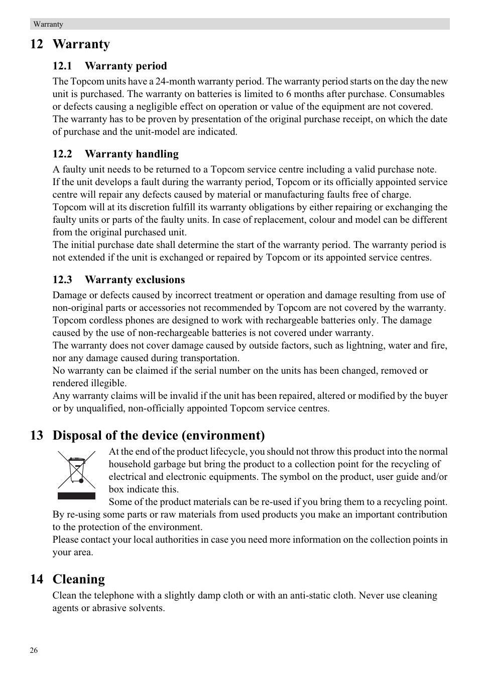 12 warranty, 13 disposal of the device (environment), 14 cleaning | Topcom BUTLER E450 User Manual | Page 26 / 104