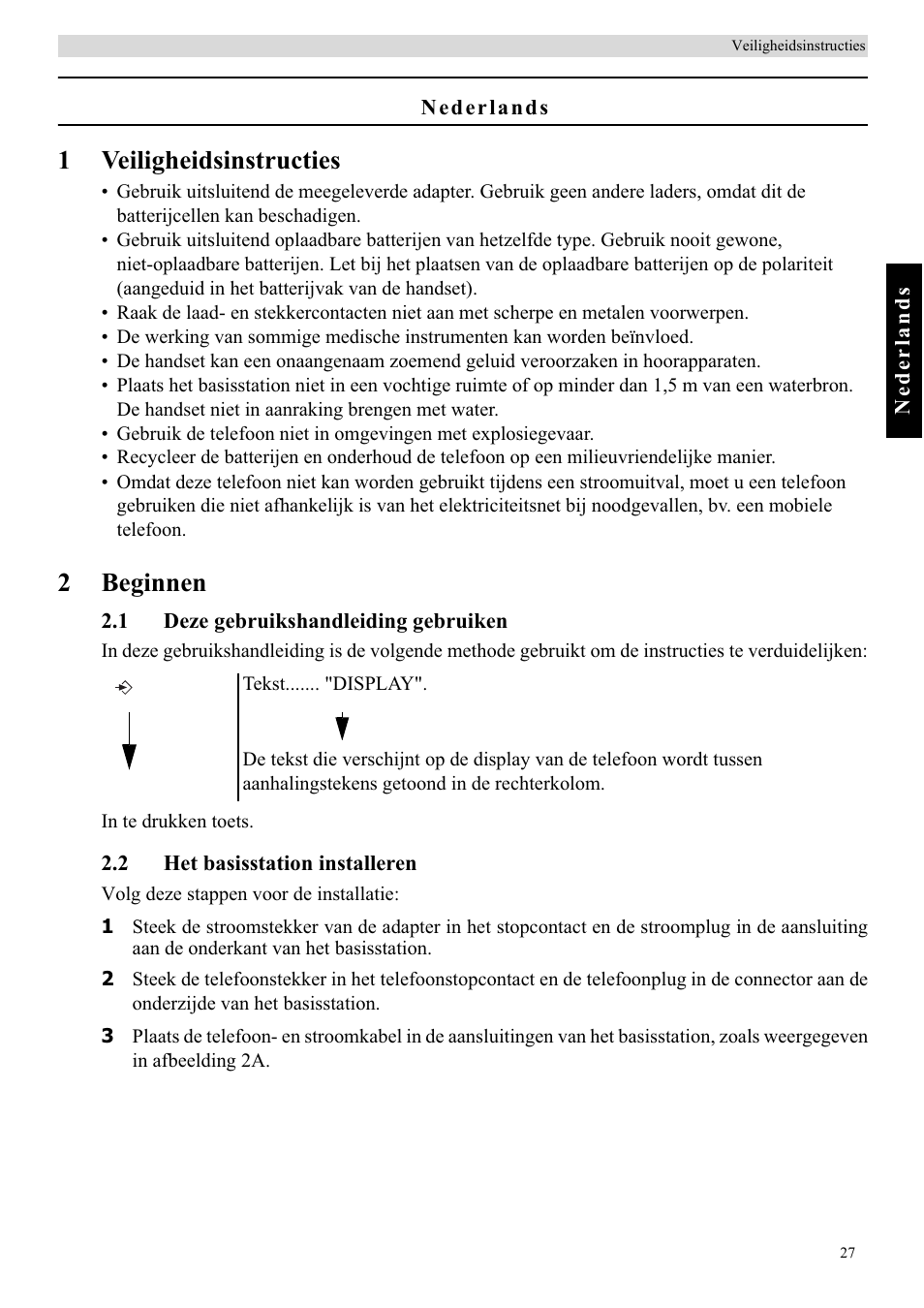 1veiligheidsinstructies, 2beginnen | Topcom BUTLER E450 User Manual | Page 27 / 104