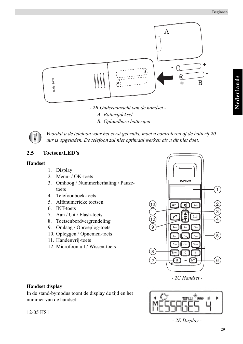 Nederlands, 5 toetsen/led’s, 2c handset e display | Topcom BUTLER E450 User Manual | Page 29 / 104