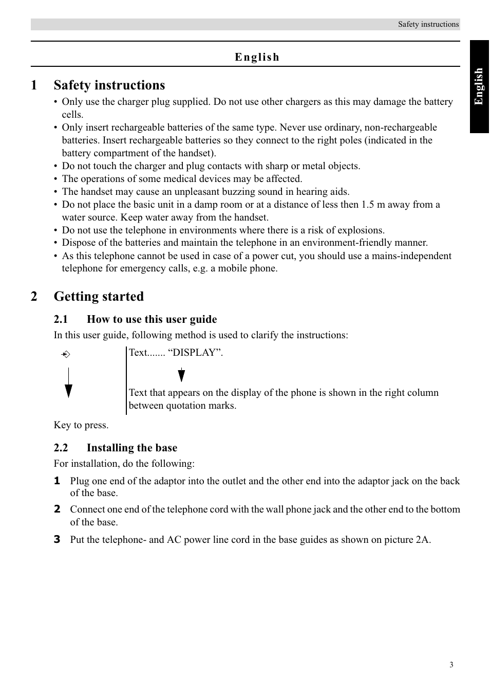 1safety instructions, 2getting started | Topcom BUTLER E450 User Manual | Page 3 / 104