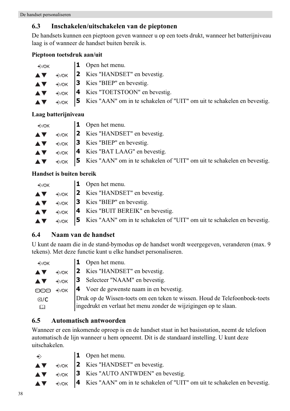 3 inschakelen/uitschakelen van de pieptonen, 4 naam van de handset, 5 automatisch antwoorden | Topcom BUTLER E450 User Manual | Page 38 / 104