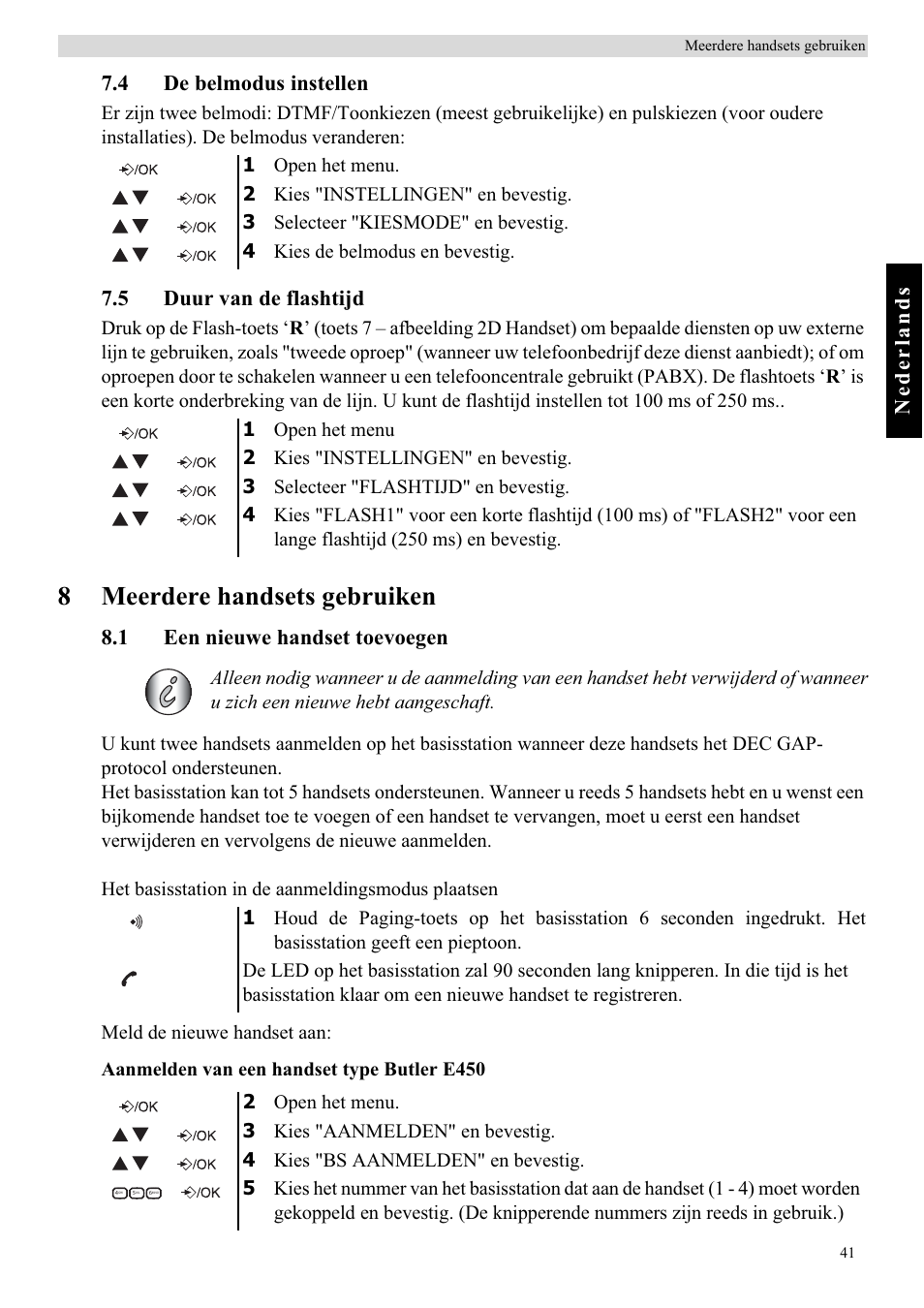 8meerdere handsets gebruiken, Nederlands, 4 de belmodus instellen | 5 duur van de flashtijd, 1 een nieuwe handset toevoegen | Topcom BUTLER E450 User Manual | Page 41 / 104