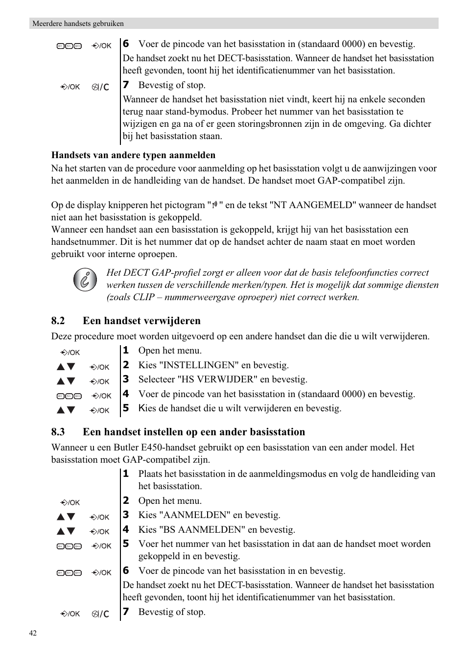 2 een handset verwijderen, 3 een handset instellen op een ander basisstation, 42 meerdere handsets gebruiken | Topcom BUTLER E450 User Manual | Page 42 / 104