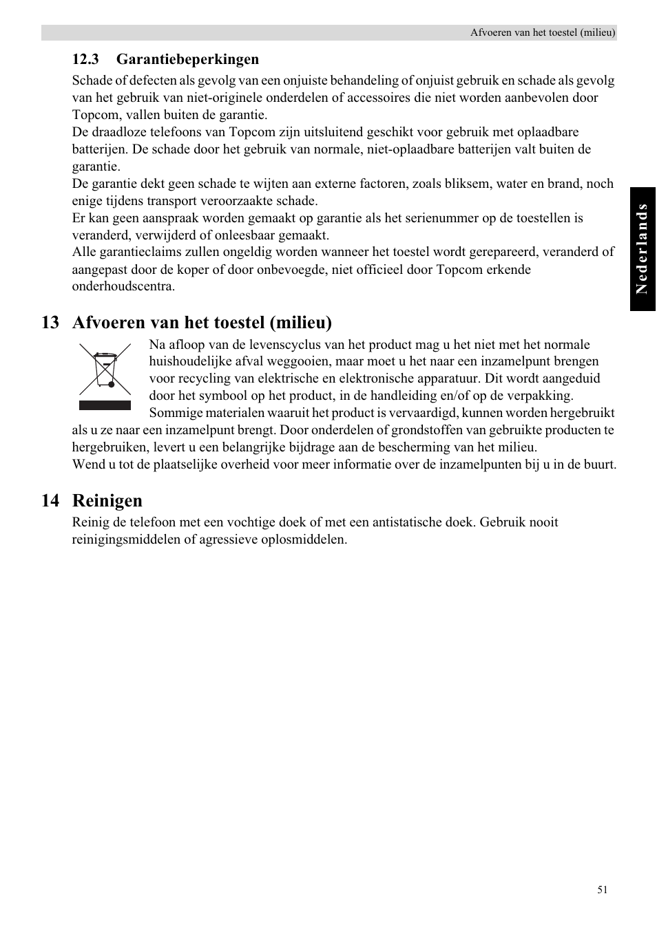 13 afvoeren van het toestel (milieu), 14 reinigen | Topcom BUTLER E450 User Manual | Page 51 / 104