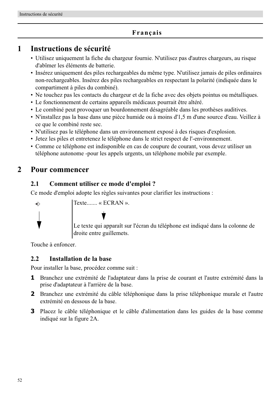 1instructions de sécurité, 2pour commencer | Topcom BUTLER E450 User Manual | Page 52 / 104