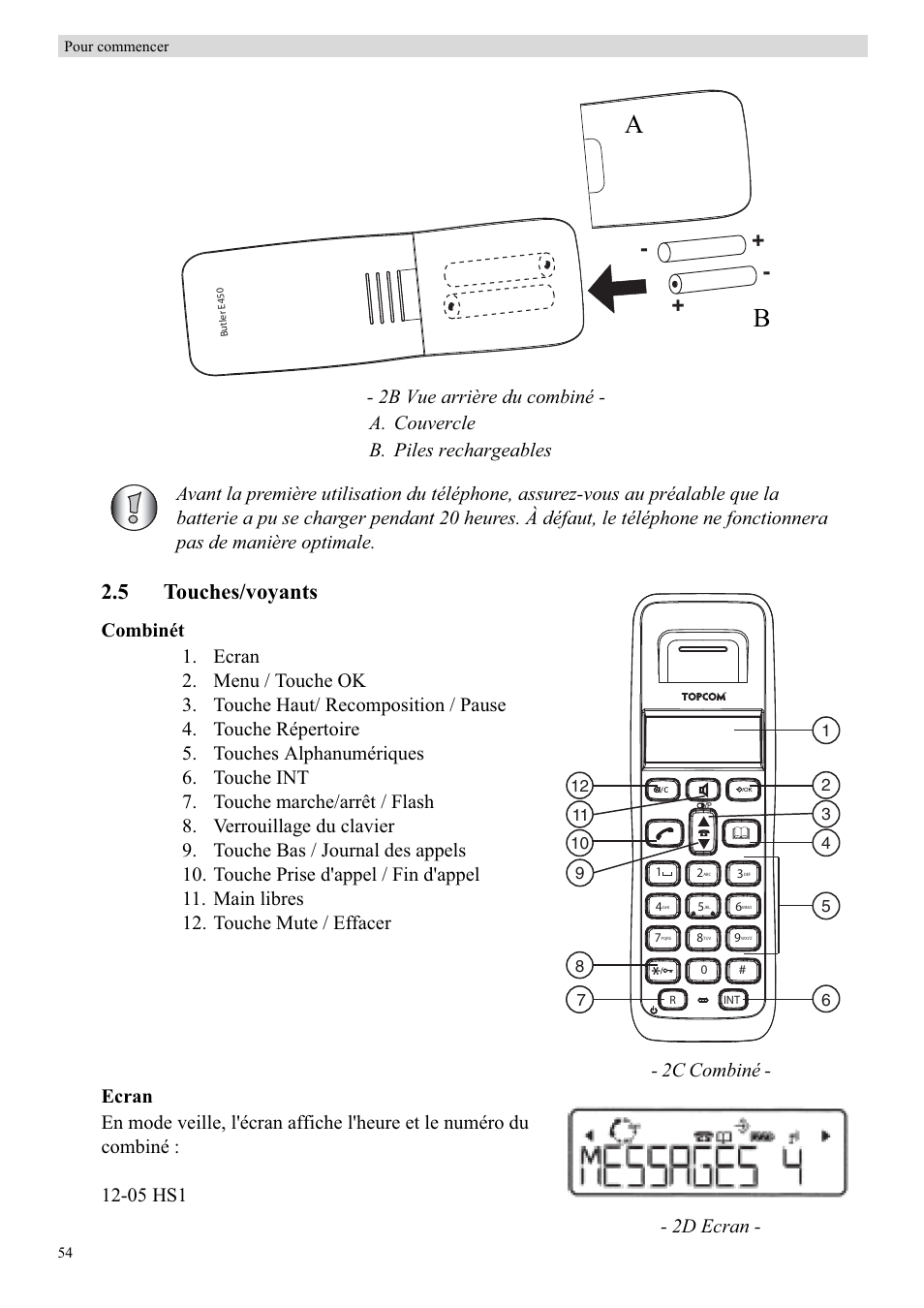 5 touches/voyants, 2c combiné d ecran | Topcom BUTLER E450 User Manual | Page 54 / 104