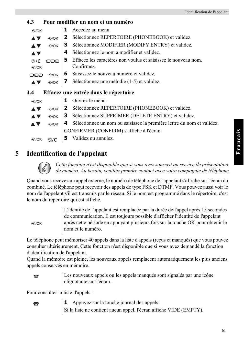 5identification de l'appelant, Français | Topcom BUTLER E450 User Manual | Page 61 / 104