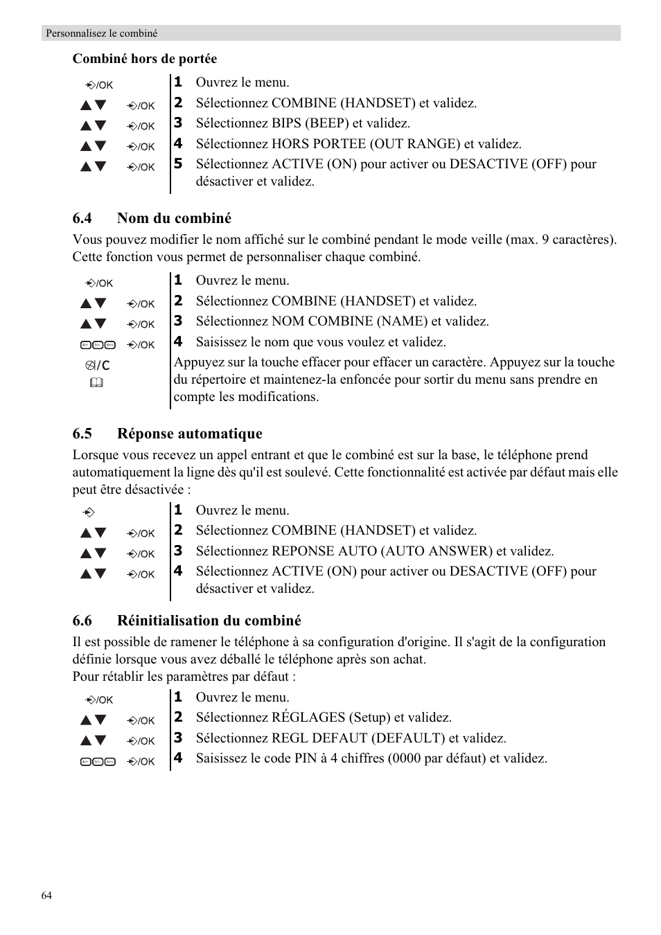 4 nom du combiné, 5 réponse automatique, 6 réinitialisation du combiné | Combiné hors de portée | Topcom BUTLER E450 User Manual | Page 64 / 104