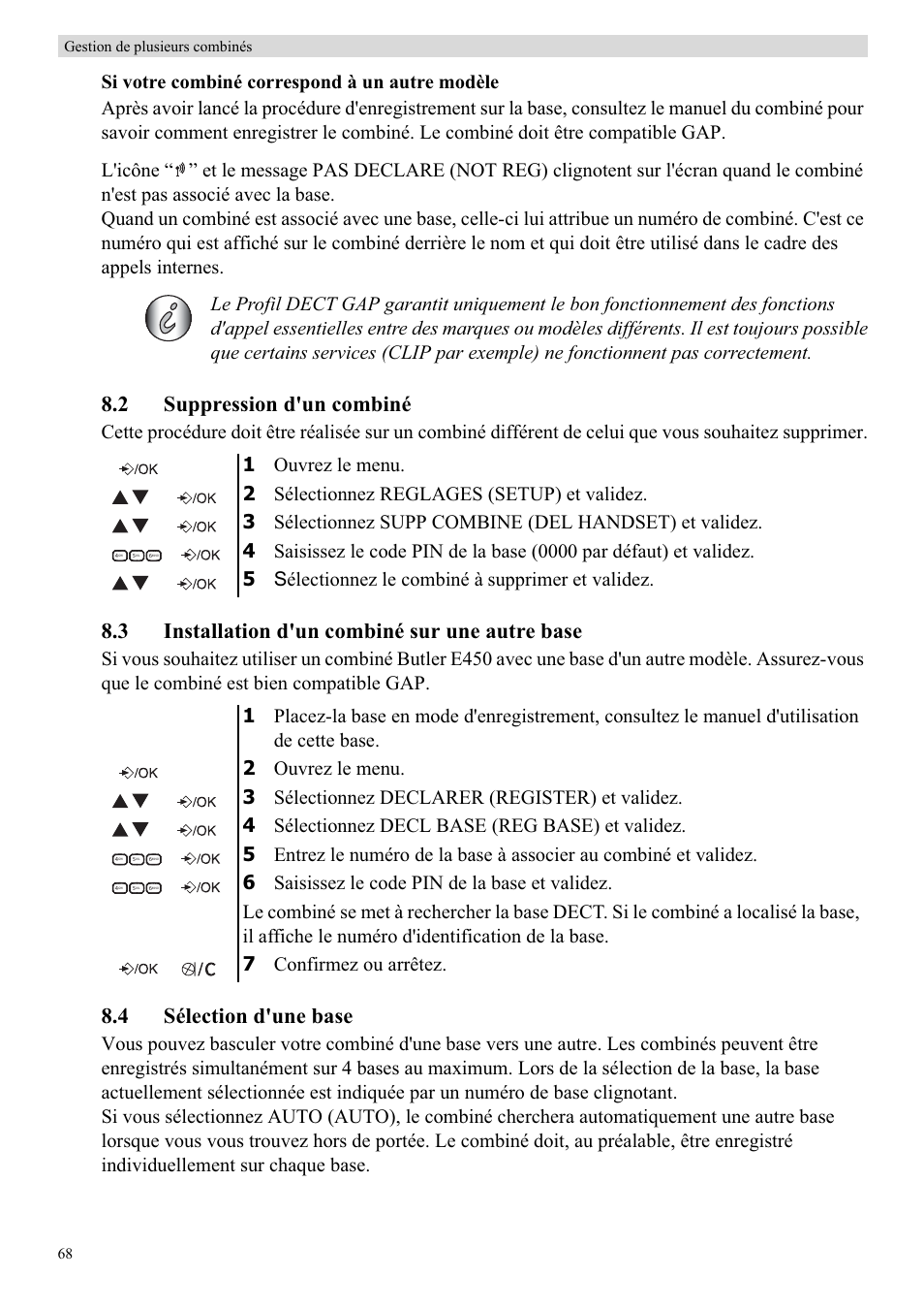 2 suppression d'un combiné, 3 installation d'un combiné sur une autre base, 4 sélection d'une base | Topcom BUTLER E450 User Manual | Page 68 / 104