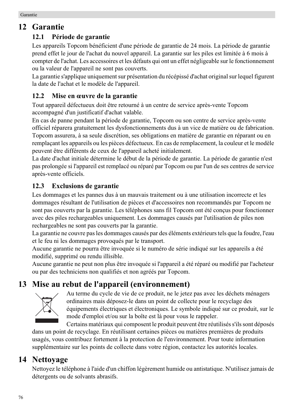 12 garantie, 13 mise au rebut de l'appareil (environnement), 14 nettoyage | Topcom BUTLER E450 User Manual | Page 76 / 104