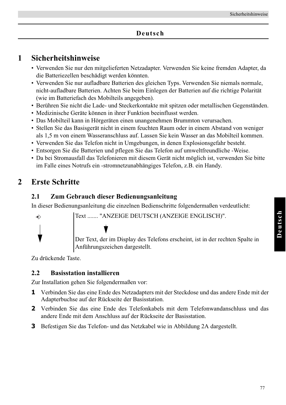 1sicherheitshinweise, 2erste schritte | Topcom BUTLER E450 User Manual | Page 77 / 104