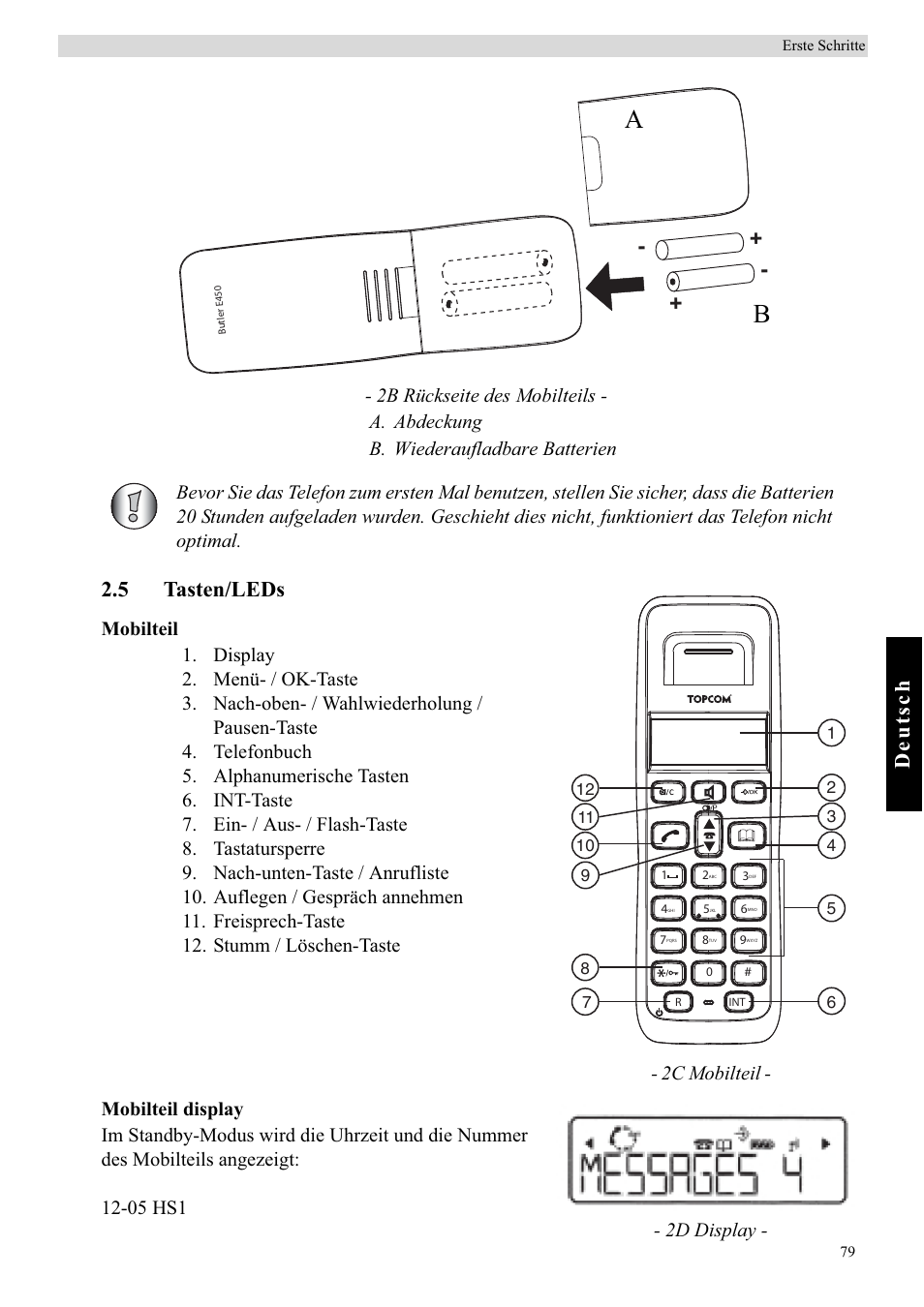 Deutsch, 5 tasten/leds, 2c mobilteil d display | Topcom BUTLER E450 User Manual | Page 79 / 104