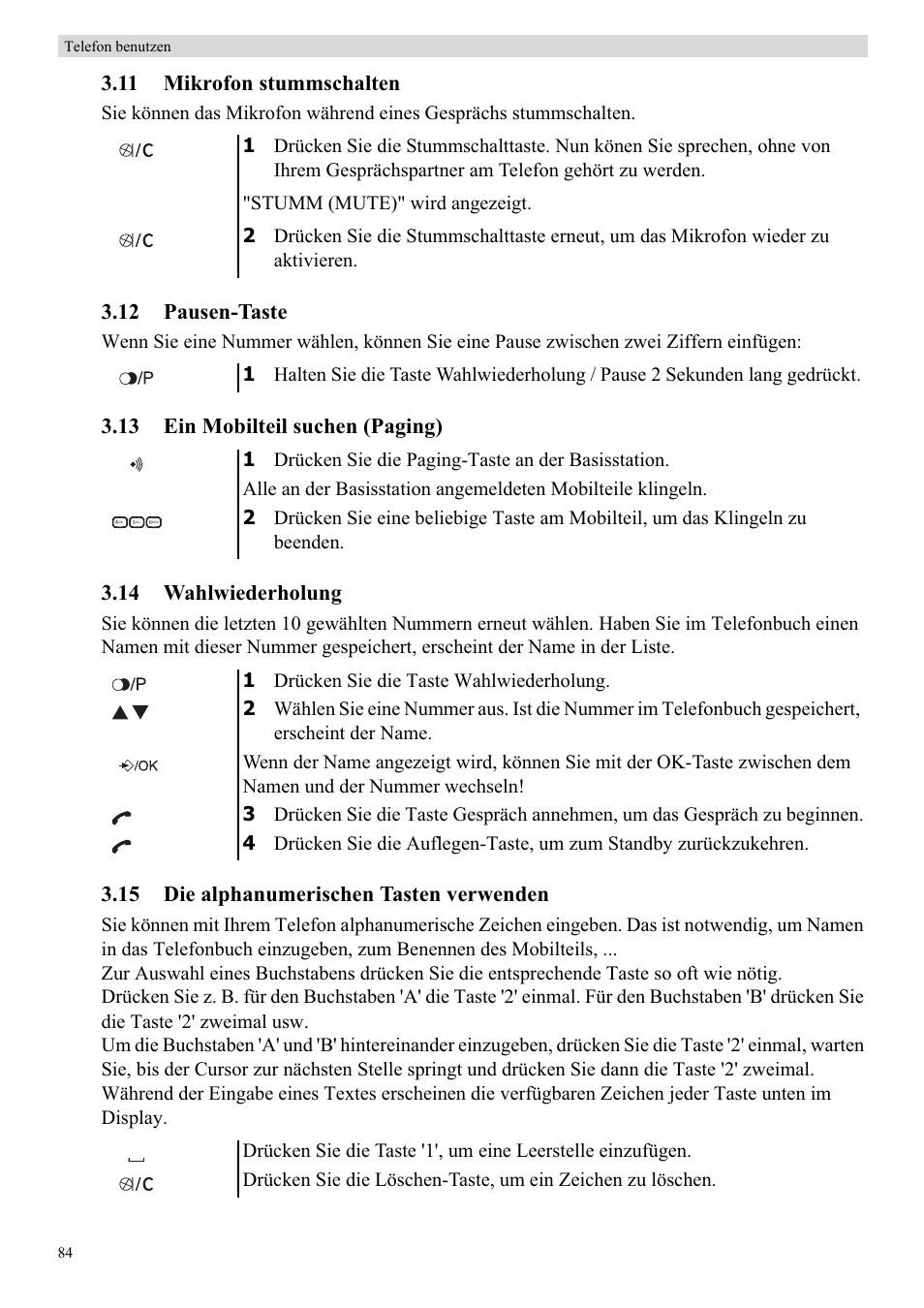 11 mikrofon stummschalten, 12 pausen-taste, 15 die alphanumerischen tasten verwenden | Topcom BUTLER E450 User Manual | Page 84 / 104
