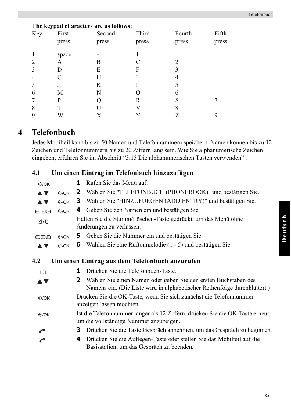 4telefonbuch, Deutsch | Topcom BUTLER E450 User Manual | Page 85 / 104