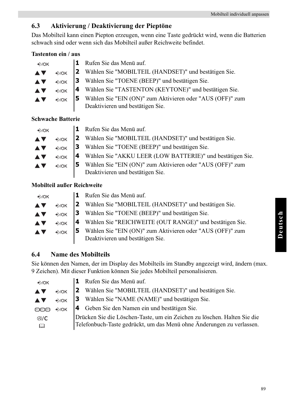 Deutsch, 3 aktivierung / deaktivierung der pieptöne, 4 name des mobilteils | Topcom BUTLER E450 User Manual | Page 89 / 104
