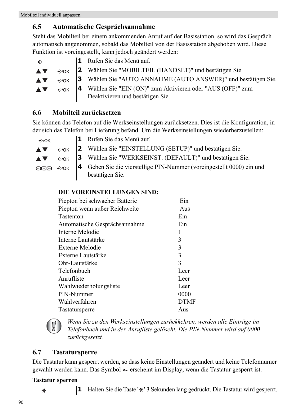 5 automatische gesprächsannahme, 6 mobilteil zurücksetzen, 7 tastatursperre | Topcom BUTLER E450 User Manual | Page 90 / 104