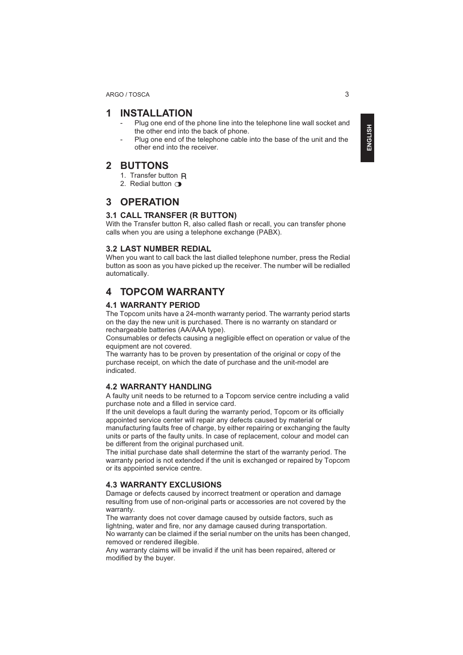 1 installation, 2 buttons, 3 operation | 4 topcom warranty | Topcom TOSCA User Manual | Page 3 / 20