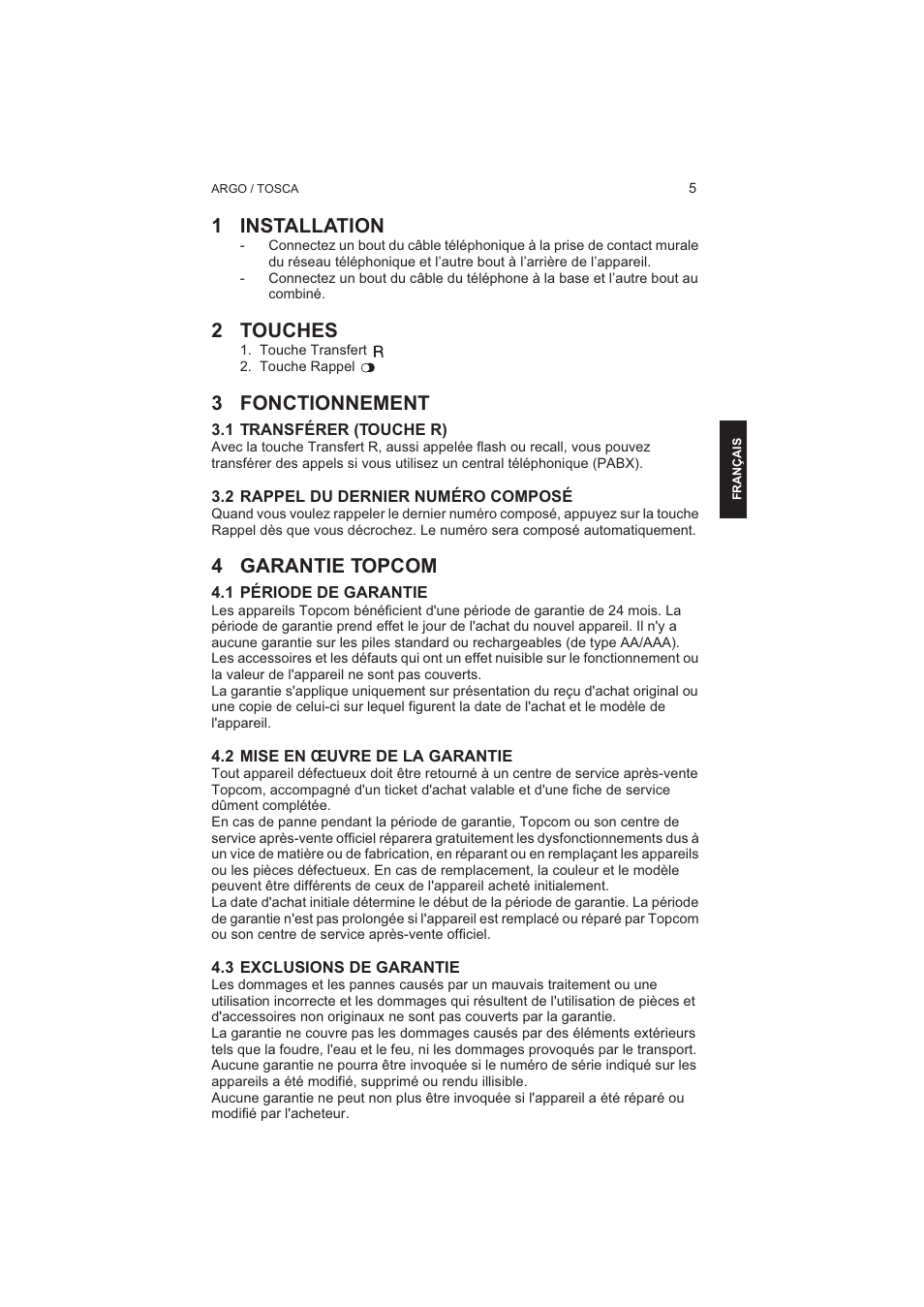 1 installation, 2 touches, 3 fonctionnement | 4 garantie topcom | Topcom TOSCA User Manual | Page 5 / 20