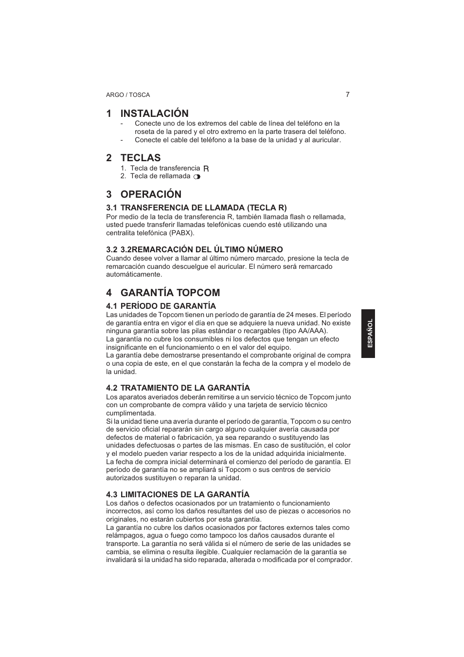 1 instalación, 2 teclas, 3 operación | 4 garantía topcom | Topcom TOSCA User Manual | Page 7 / 20