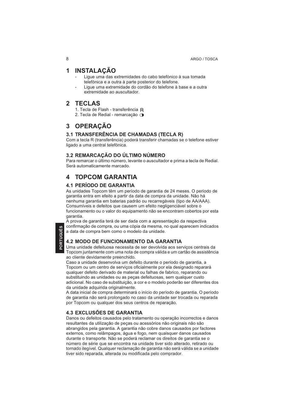 1 instalação, 2 teclas, 3 operação | 4 topcom garantia | Topcom TOSCA User Manual | Page 8 / 20