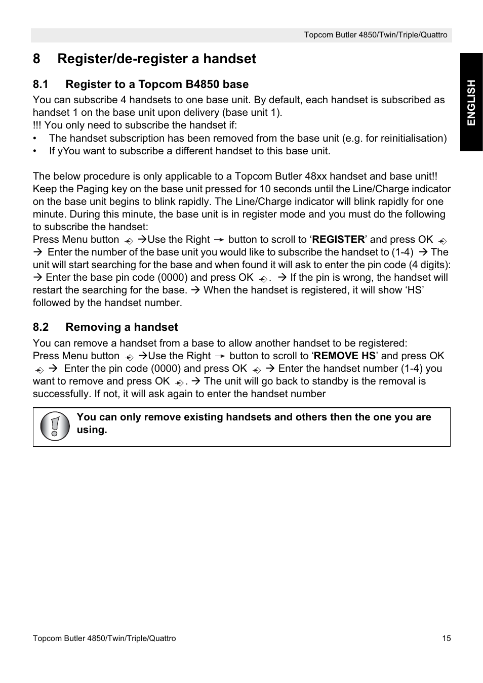 8register/de-register a handset | Topcom BUTLER 4850 User Manual | Page 15 / 24