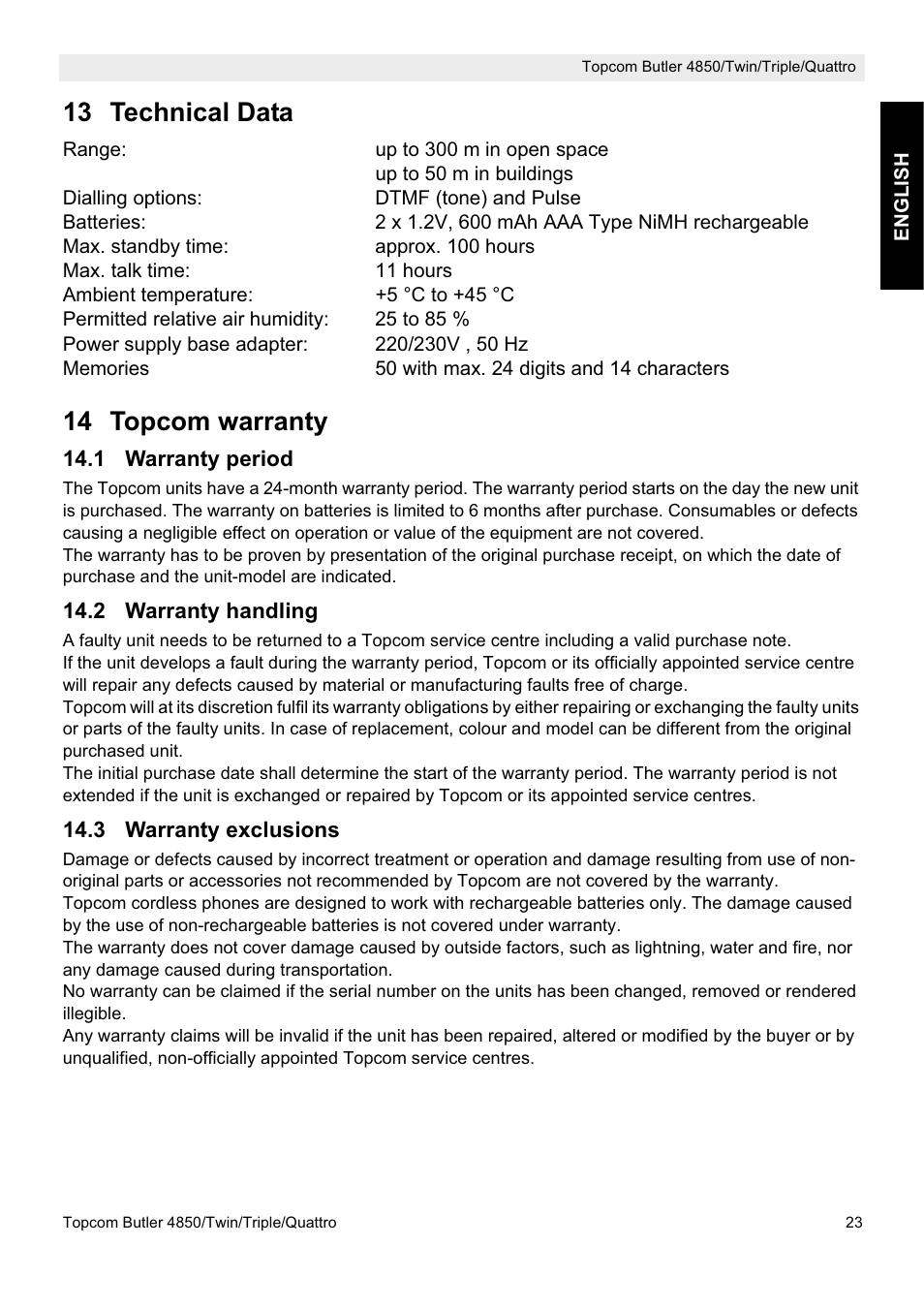 13 technical data, 14 topcom warranty | Topcom BUTLER 4850 User Manual | Page 23 / 24