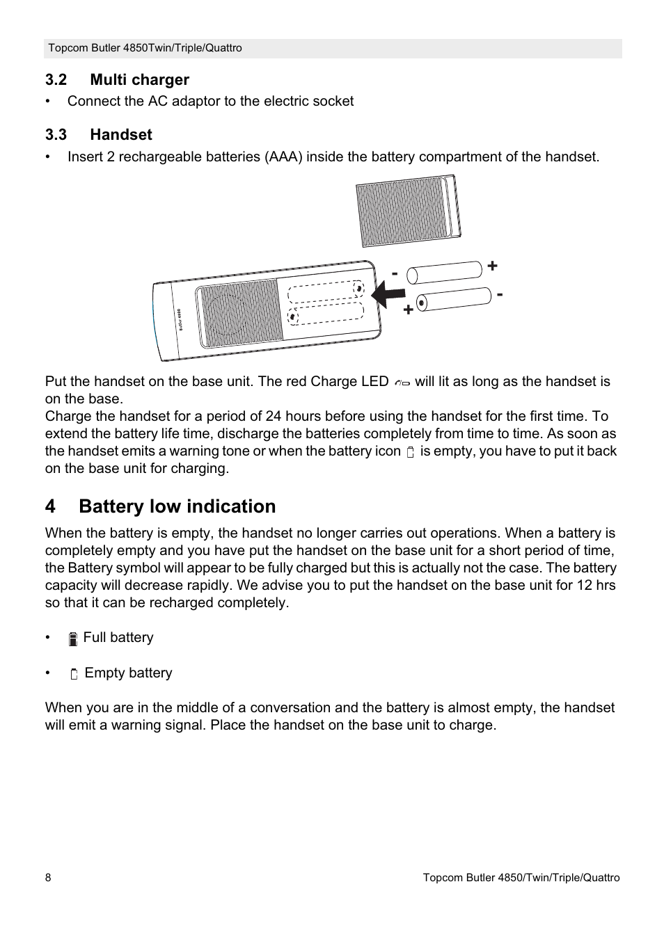 4battery low indication | Topcom BUTLER 4850 User Manual | Page 8 / 24