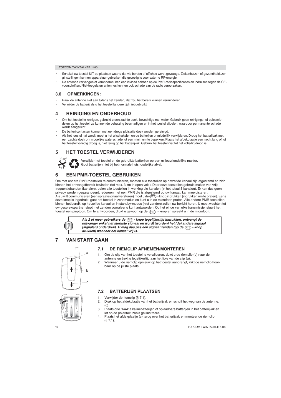 4reiniging en onderhoud, 5het toestel verwijderen, 6een pmr-toestel gebruiken | 7van start gaan | Topcom Twintalker 1400 User Manual | Page 10 / 100