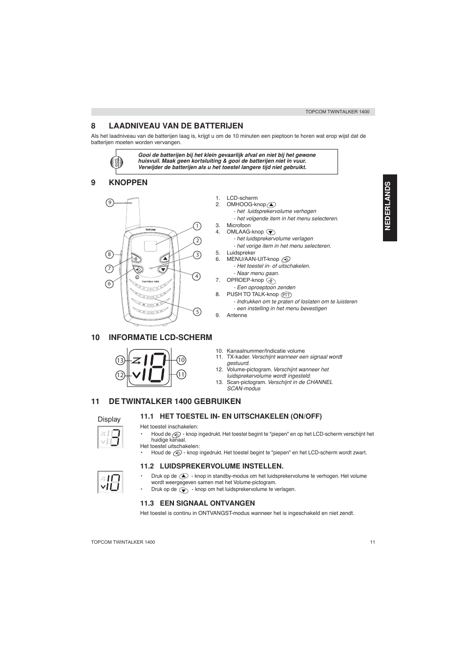 8laadniveau van de batterijen, 9knoppen, 10 informatie lcd-scherm | Topcom Twintalker 1400 User Manual | Page 11 / 100