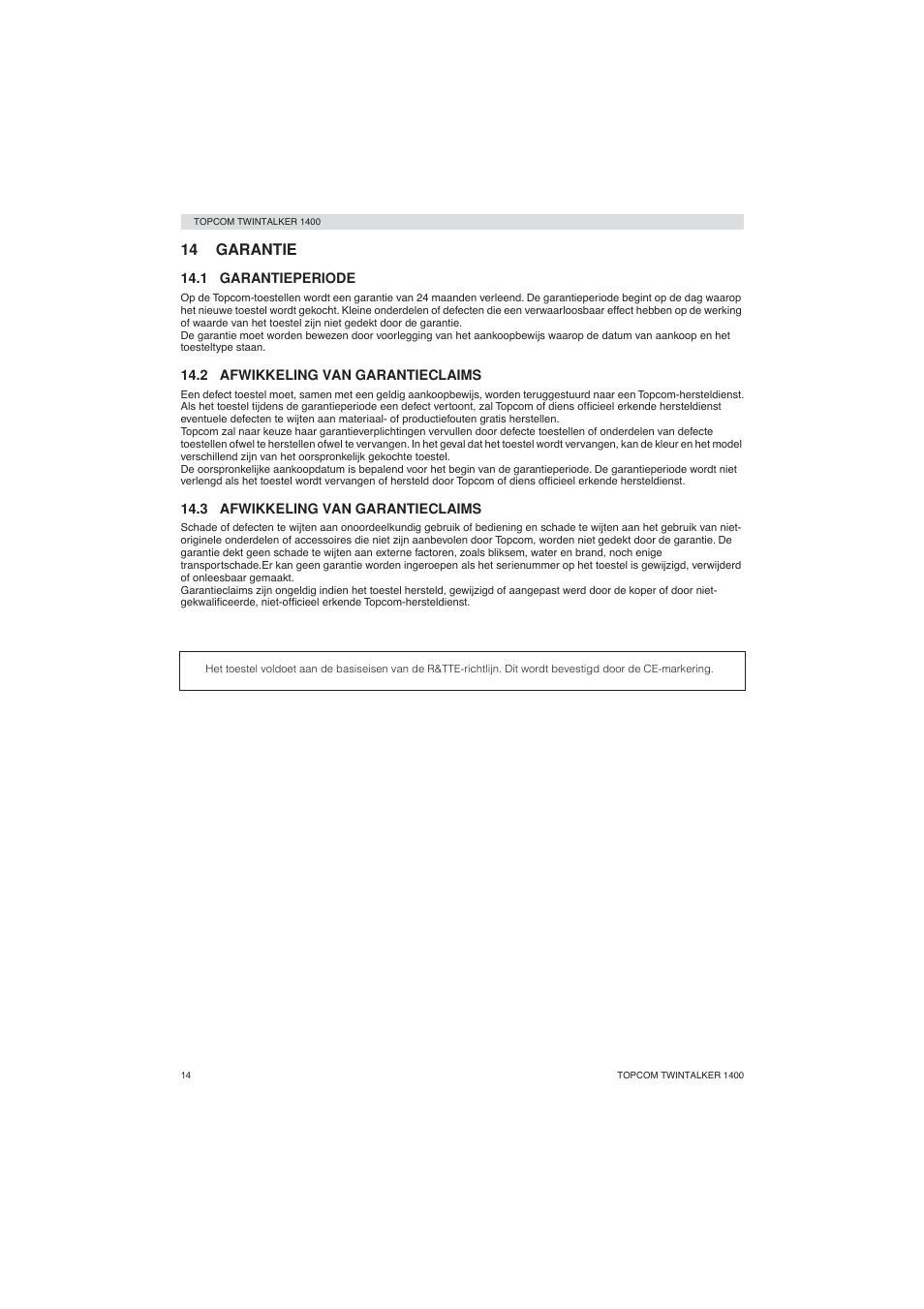 14 garantie | Topcom Twintalker 1400 User Manual | Page 14 / 100