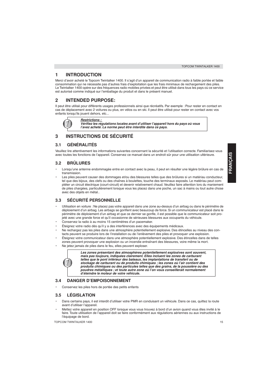 1introduction, 2intended purpose, 3instructions de sécurité | Topcom Twintalker 1400 User Manual | Page 15 / 100