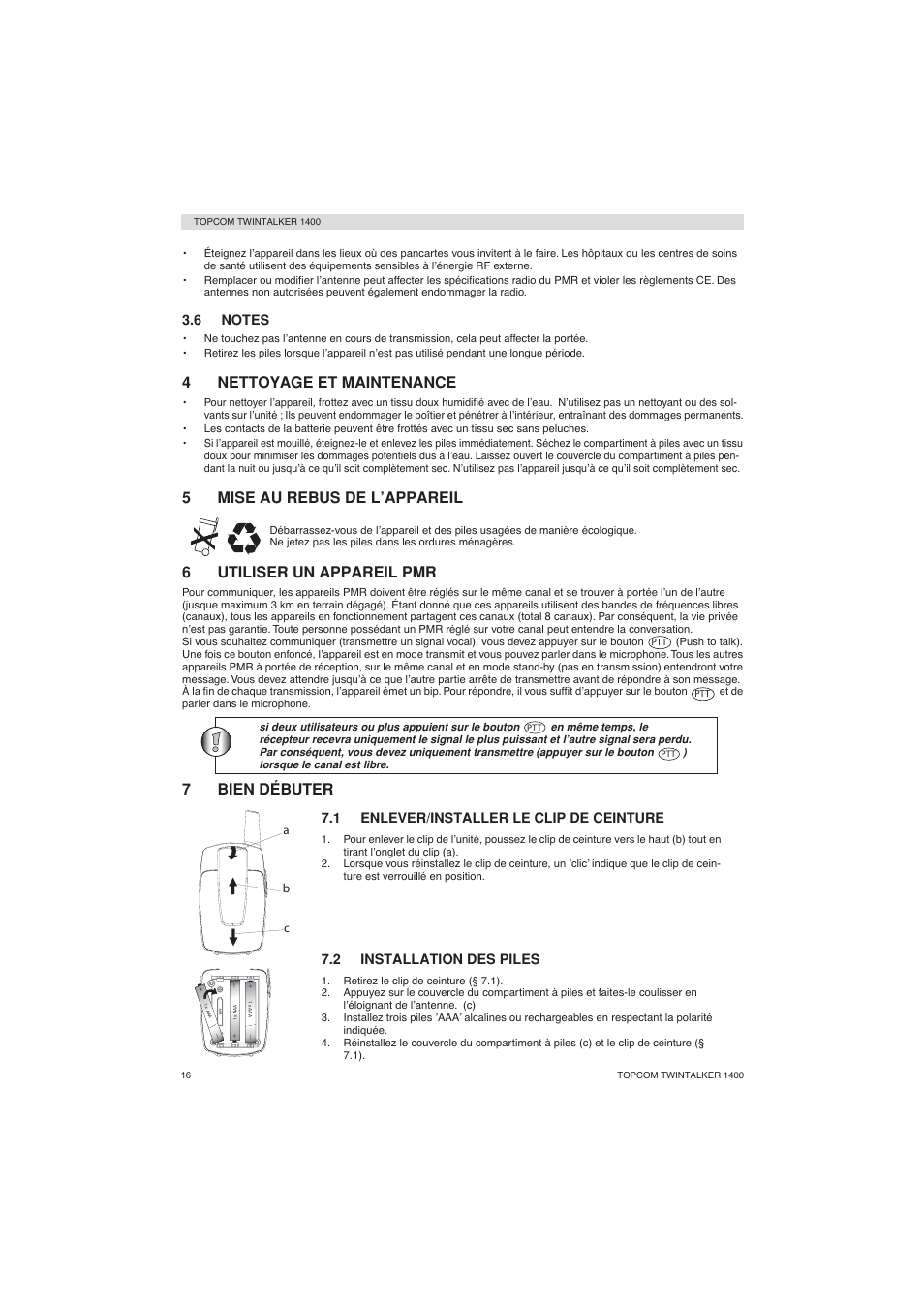 4nettoyage et maintenance, 5mise au rebus de l’appareil, 6utiliser un appareil pmr | 7bien débuter | Topcom Twintalker 1400 User Manual | Page 16 / 100