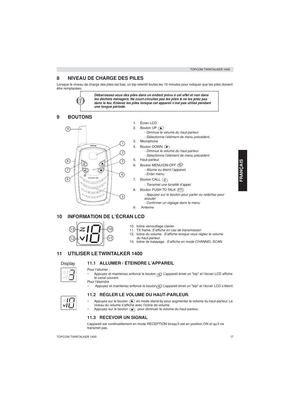 8niveau de charge des piles, 9boutons, 10 information de l’écran lcd | Topcom Twintalker 1400 User Manual | Page 17 / 100