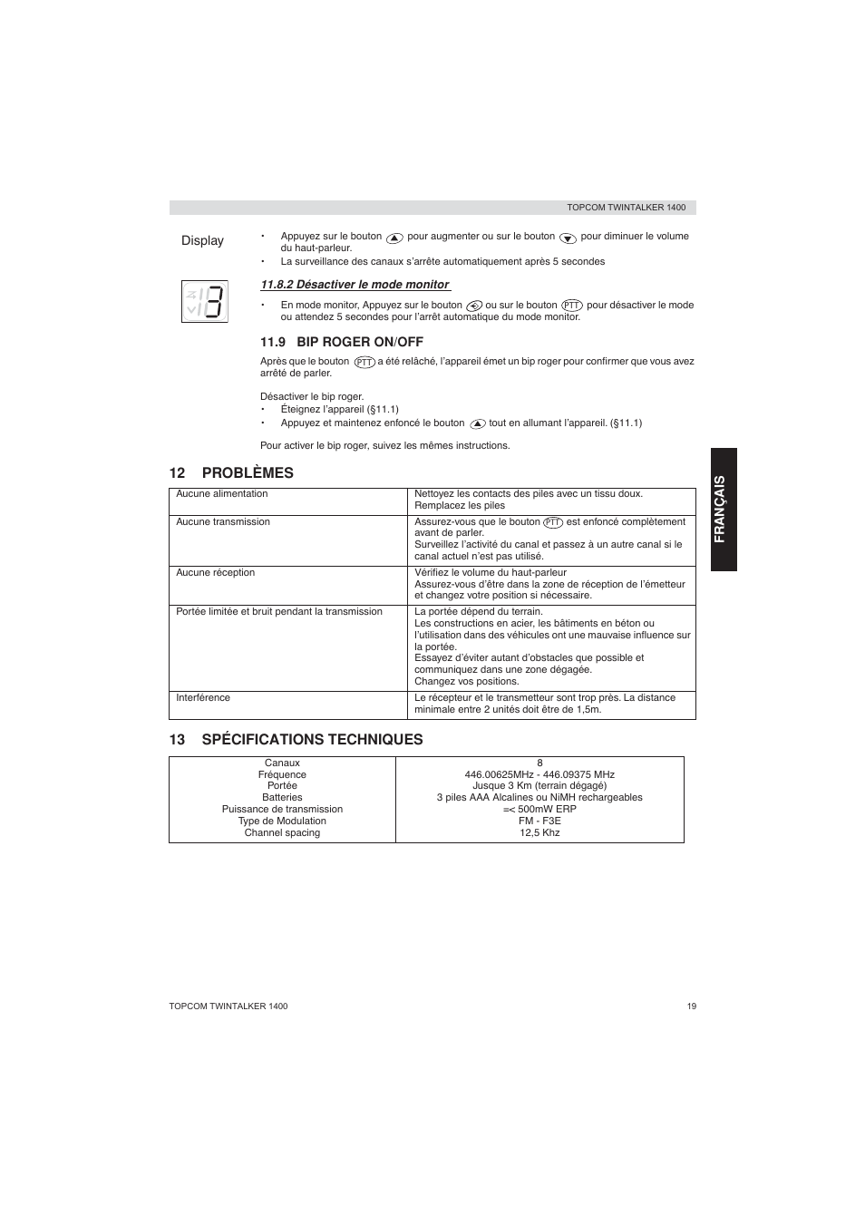 12 problèmes 13 spécifications techniques | Topcom Twintalker 1400 User Manual | Page 19 / 100