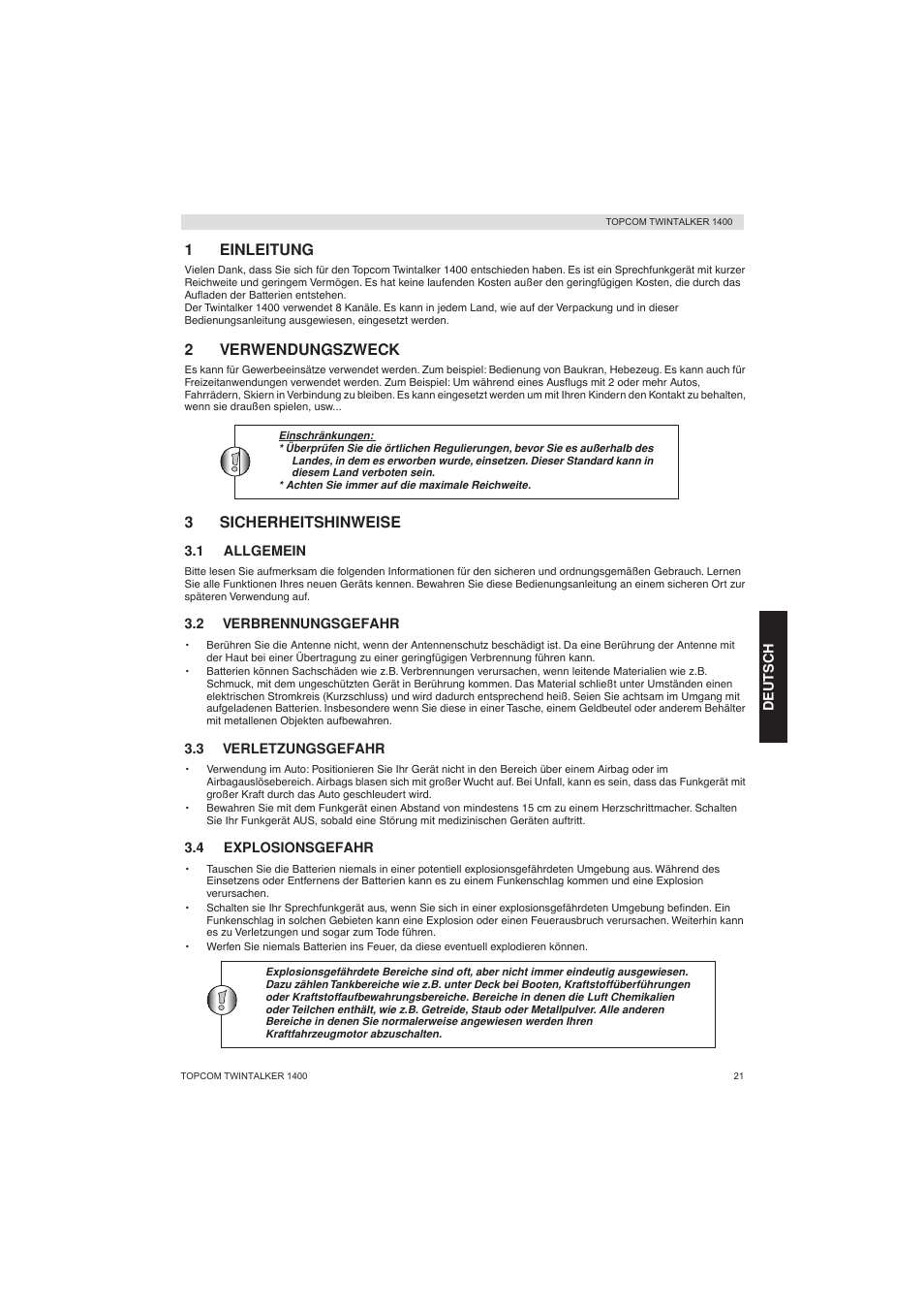 1einleitung, 2verwendungszweck, 3sicherheitshinweise | Topcom Twintalker 1400 User Manual | Page 21 / 100