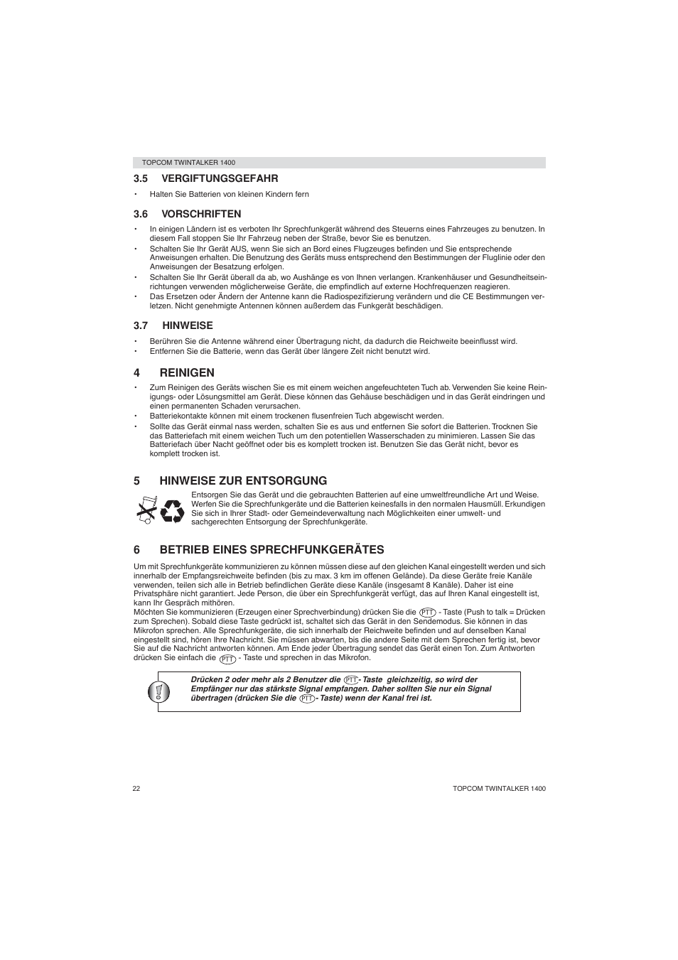 4reinigen, 5hinweise zur entsorgung, 6betrieb eines sprechfunkgerätes | Topcom Twintalker 1400 User Manual | Page 22 / 100