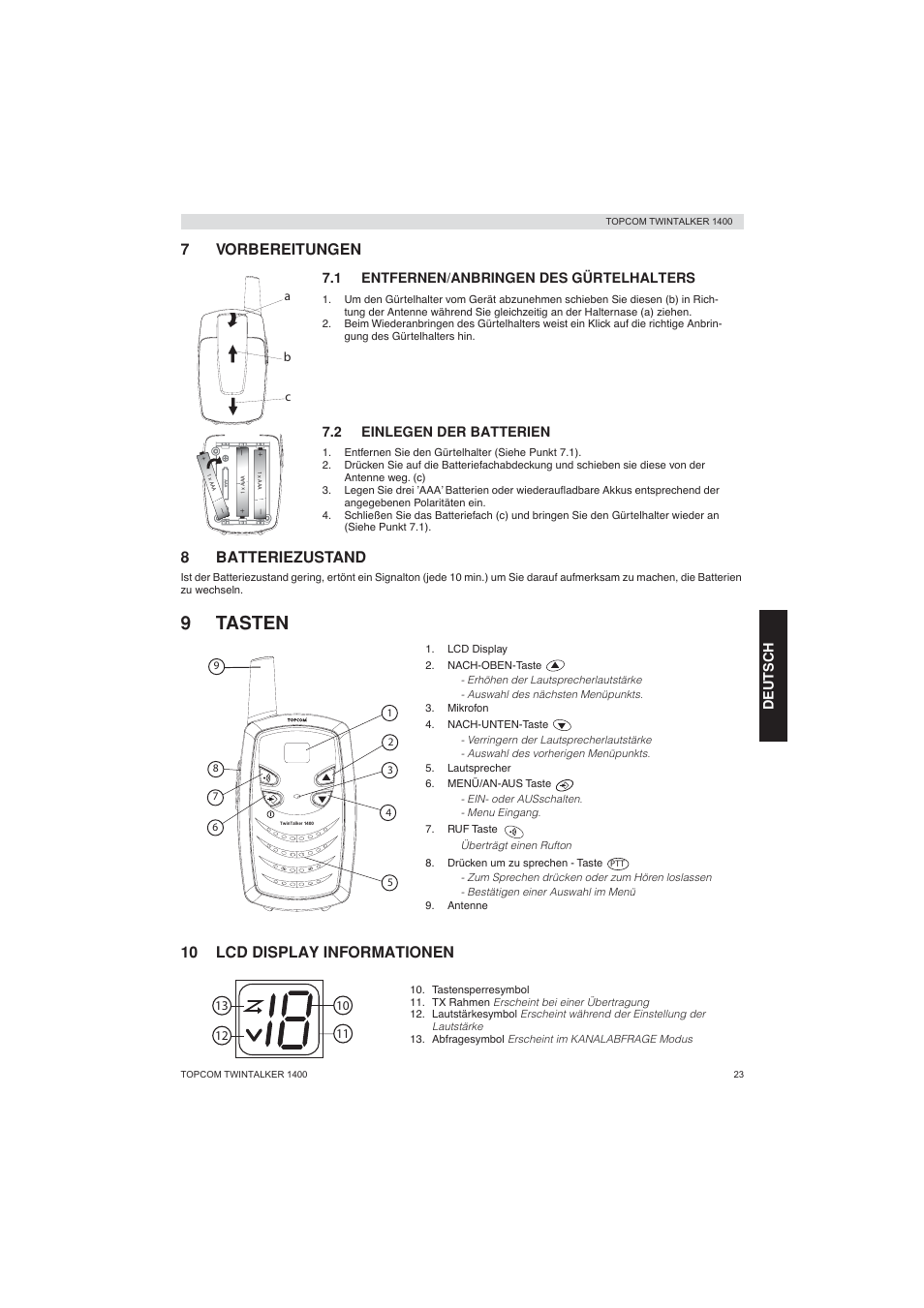 9tasten, 7vorbereitungen, 8batteriezustand | 10 lcd display informationen | Topcom Twintalker 1400 User Manual | Page 23 / 100