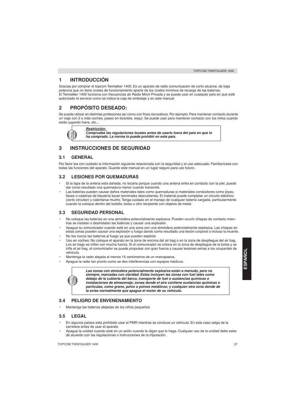 1introducción, 2propósito deseado, 3instrucciones de seguridad | Topcom Twintalker 1400 User Manual | Page 27 / 100