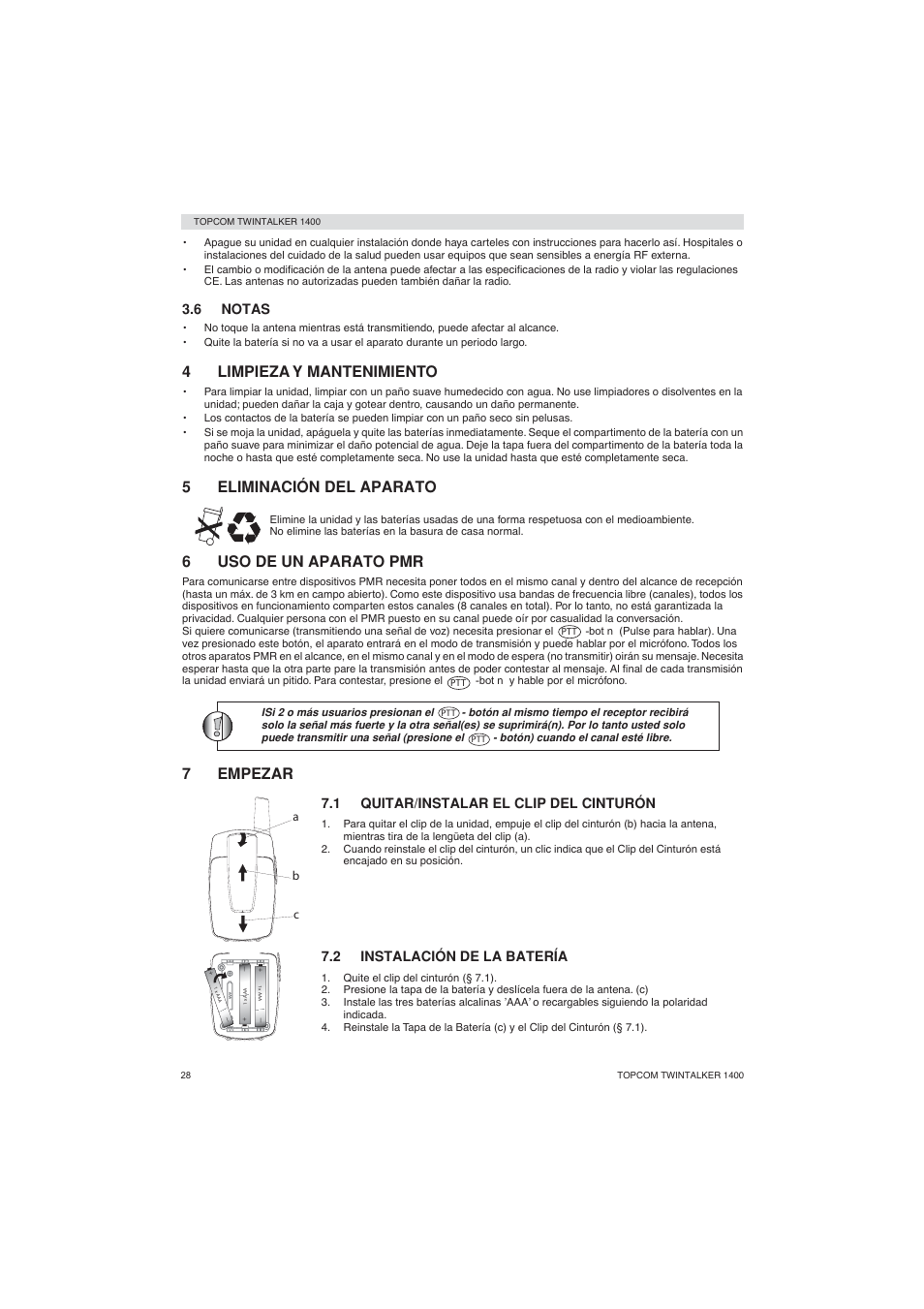 4limpieza y mantenimiento, 5eliminación del aparato, 6uso de un aparato pmr | 7empezar | Topcom Twintalker 1400 User Manual | Page 28 / 100